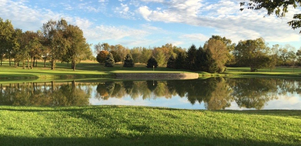Yellow flag on golf course in front of pond 