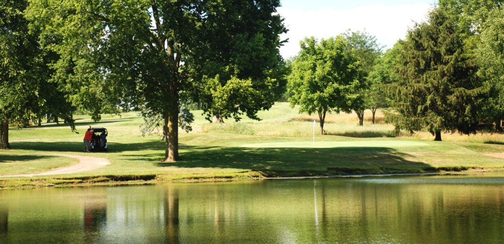 View of golf course with trees in front of pond 